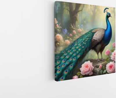 Saammp Canvas Schilderij - Pauw tussen de roze bloemen - Dieren - Natuur - 20x20 - Foto op canvas - Wanddecoratie - muurdecoratie Woonkamer - Slaapkamer decoratie - Canvas Print
