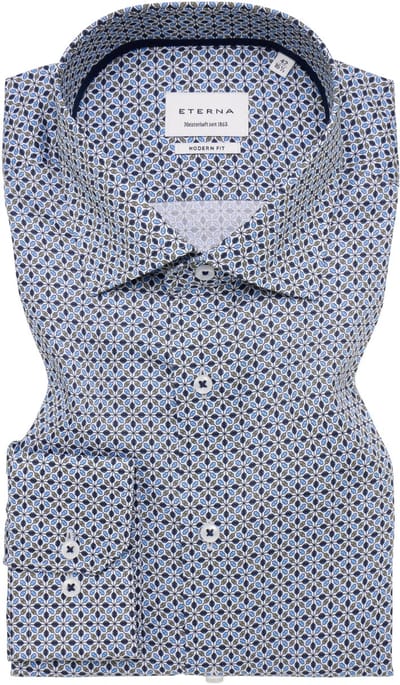 Eterna overhemd blauw geprint normale fit katoen
