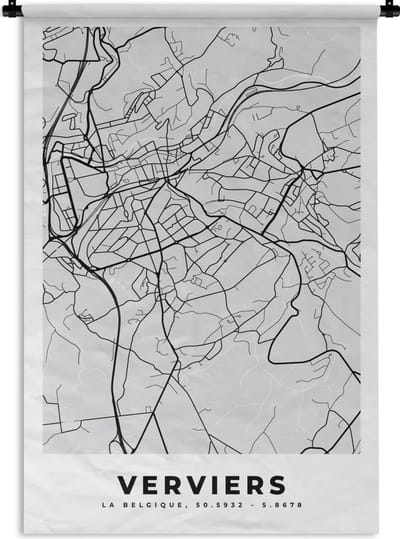 Wandkleed - Wanddoek - België – Verviers – Stadskaart – Kaart – Zwart Wit – Plattegrond - 120x180 cm - Wandtapijt