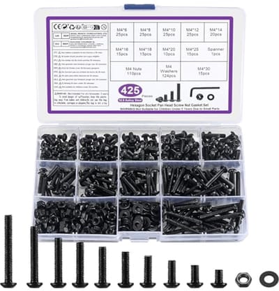 SnelShoppen - 425PCS M4 Schroeven Set, Inbusschroeven met Moeren en Ringen, Zwarte Draad Schroeven voor Fietsen, Lenskop Schroeven, Stevig en Duurzaam