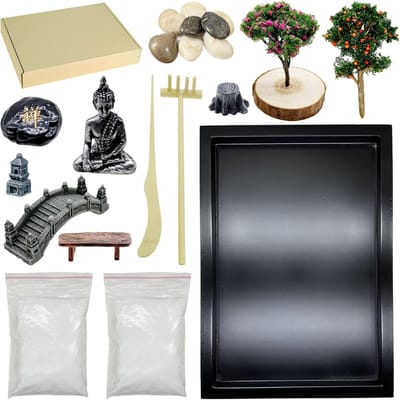 Mini Zen Tuin - Decoratie Set - Ontspanning Thuis - Compleet Inclusief Bakje - 15 x 15 x 3 cm