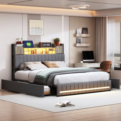 Gestoffeerd bed 160 x 200 cm met opbergruimte, tweepersoonsbed met LED en USB, jeugdbed met 4 lades, bedframe met hoofdeinde en lattenbodem, linnengoed, zonder matras (grijs, 160 x 200 cm)