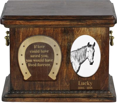 Urn voor paardenas met foto en gepersonaliseerde doos voor dierenas