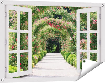 Gards Tuinposter Doorkijk Rozenbogen Tunnel - 90x60 cm - Tuindoek - Tuindecoratie - Wanddecoratie buiten - Tuinschilderij