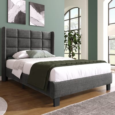 SINGULARITY-Modern design gestoffeerd bed met hoofdbord Eenpersoonsbed met lattenbodem- 90x200cm- in grijs linnen- medium stevig Zonder matras