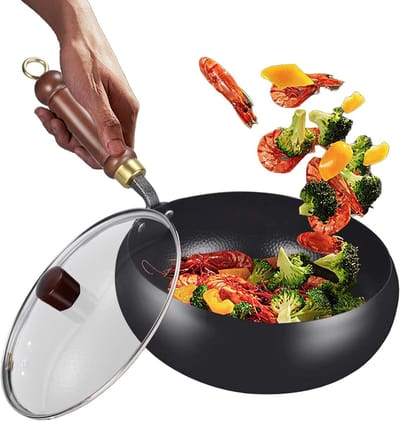 Wok Pan - Koekenpan Platte Bodem - Dagelijks Koken - Anti-aanbaklaag Koolstofstaal - 33 cm - Zwart