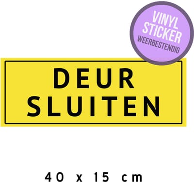 Pictogram/ vinyl sticker | "Deur sluiten" | 40 x 15 cm | Hoogwaardige zelfklever | Watervast | Deuren gesloten houden | Koude | Energie besparen | Geel | Zelfklevend | 1 stuk