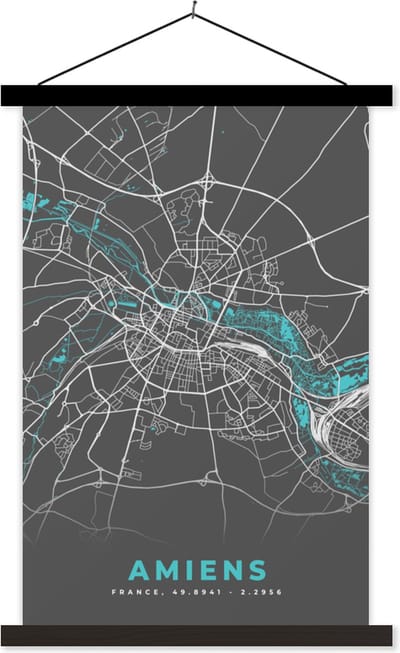 Posterhanger incl. Poster 40x60 cm - Schoolplaat - Amiens - Stadskaart - Kaart - Plattegrond - Frankrijk - Textielposter - Zwarte latten - Stadskaart