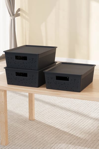 Tobeyz Opbergdozen 12L – Kunststof Opbergbox | Set van 3 | Optimale Ventilatie | Modulair Stapelbaar Systeem | Geïntegreerde Handgrepen | BPA-vrij Gerecycled Plastic | 30×40×14 cm | Antraciet