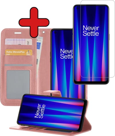 Hoesje - Met Screenprotector - Geschikt voor OnePlus Nord CE 2 - Luxe Pasjeshouder - Flipcase - Bookcase Portemonee - Flip Case - Kunstleer Book Case - Book Cover - Walletcase - Portemonneehoes - Telefoonhoes - Rosé goud