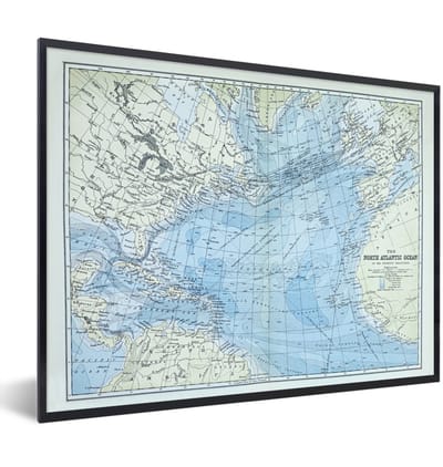 Poster in lijst - Fotolijst 40x30 cm - Posters - Klassieke wereldkaart Noordelijke Atlantische oceaan - Posterlijst zwart - Decoratie - Wanddecoratie woonkamer - Muurdecoratie slaapkamer