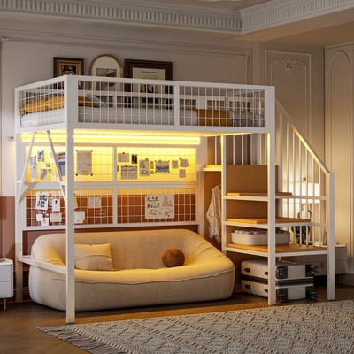 Sweiko Hoogslaper - 90 x 200 cm - Metalen bed - LED-verlichting - Opbergruimte - Open kledingkast - Wit (zonder bank)