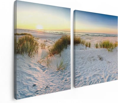 Artaza Canvas Schilderij Tweeluik Strand En Duinen Tijdens Zonsondergang - 120x80 cm - Wanddecoratie Woonkamer - Schilderijen - Muurdecoratie
