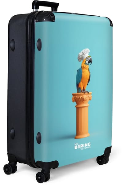 NoBoringSuitcases.com® - Koffer groot - Reiskoffer lichtgewicht - Papegaai met koksmuts op turquoise achtergrond - Rolkoffer met 4 wielen - Grote trolley XL - 98 liter bagage