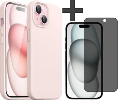 Hoesje met Privacy Screenprotector Geschikt voor iPhone 15 Hoesje Siliconen - liquid case - Arara Backcover - Zand
