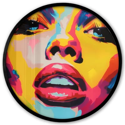 Poster in lijst Rond - Fotolijst 40x40 cm - Posters - Vrouw - Gezicht - Kleurrijk - Ronde posterlijst zwart - Decoratie - Wanddecoratie woonkamer - Muurdecoratie slaapkamer