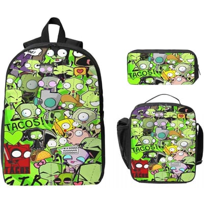 3-delige Invader Zim Anime Rugzakset voor Meisjes Jongens Etui Sets Schooltas Sets met Lunchbox Voor School Leerlingen Daypack