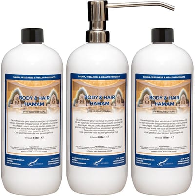 Body & Hair Hamam 1 liter met RVS zilverkleurige pomp - set van 3 stuks - 2 in 1 voor lichaam en haar - voordeelverpakking