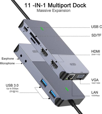 M-Teck Portable USB-C Docking Station - 2 x HDMI - 1 x VGA - 2 x USB-A - Ethernet - Kaartlezer - Audio In/Uit - Geschikt voor alle type MacBooks en Laptops