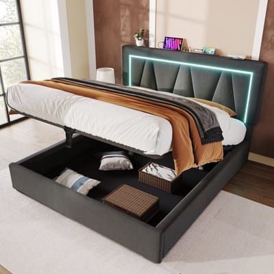 Wishdor - Gestoffeerd Tweepersoonsbed - Verstelbaar Hoofdbord - Met USB-C En LED-Verlichting - Met Opbergruimte - Linnen - Grijs - 140 X 200 Cm