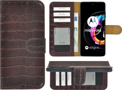 Geschikt voor Motorola Moto Edge 20 Lite Hoesje - Bookcase - Portemonnee Hoes Echt leer Wallet case Croco Bordeauxrood