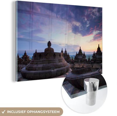 ® Glasschilderij 180x120 cm - Schilderij acrylglas - Paarse ochtendlucht boven de Borobudur - Foto op glas - Muurdecoratie woonkamer - Wanddecoratie slaapkamer - Schilderijen