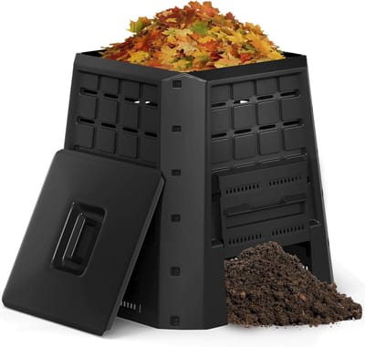 KOMFOTTEU Compostbak voor de tuin, 380 l, snelcomposter van PP, thermocomposter met ventilatie, deksel en deur, weerbestendige composteerder, composteerinstallatie voor organisch afval, zwart