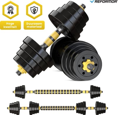 Reformor® - Halterset - Dumbells Set - Verstelbare Dumbells – 20KG - Halterstang Met Gewichten – Geel