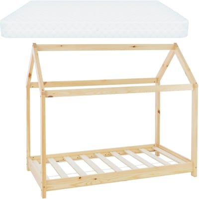 Kinderbed huisbed 80x160 cm van grenenhout incl. matras H-10cm houten bed met dak en lattenbodem ML design