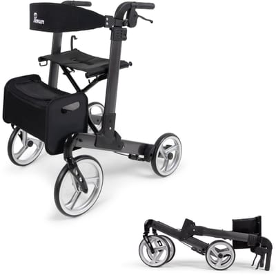Parvum Luxo Rollator - Luxe dubbel opvouwbare rollator (7kg) - Incl. stokhouder, tas & rugleuning - Antraciet, Large