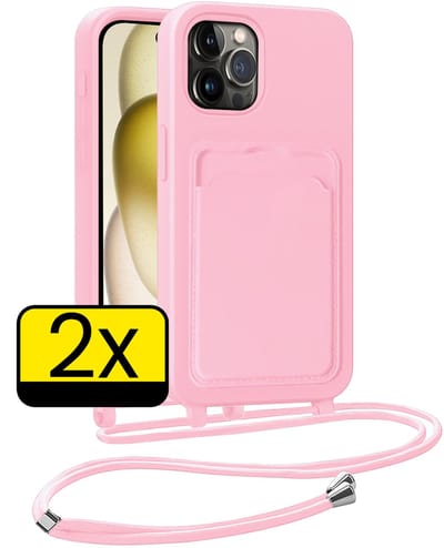 Hoesje Geschikt voor iPhone 14 Pro Telefoonhoesje Met Koord Case Pashouder Siliconen - Hoes Geschikt voor iPhone 14 Pro Hoesje Met Kaarthouder - Lichtroze - 2 Stuks