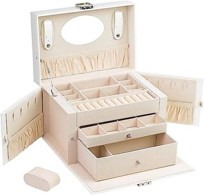 Sieradenbox met 2 lades, PU leer, Opbergdoos voor ringen, armbanden, oorbellen, Witte kleur