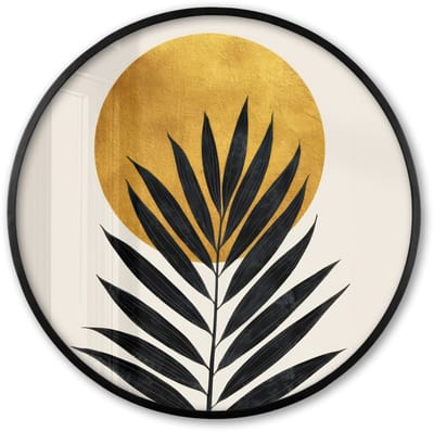 Poster in lijst Rond - Fotolijst 60x60 cm - Posters - Zwart palmblad - Gouden cirkel - Beige achtergrond - Ronde posterlijst zwart - Decoratie - Wanddecoratie woonkamer - Muurdecoratie slaapkamer