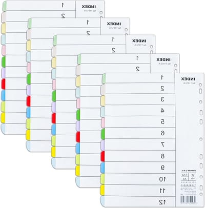 Set van 5 A4 mappen met tabs en 12 gekleurde dividers, 11 gaten, snijwerk en digitale omslagen voor ringbanden
