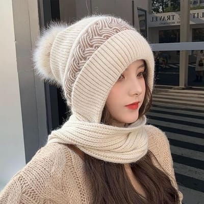 muts dames winter pet sjaal set, winter beanie dames sjaal, capuchon sjaal met kwast, 2 in 1 winddichte muts sjaal schattig muts sjaal set warm gebreide muts voor outdoor sport beige