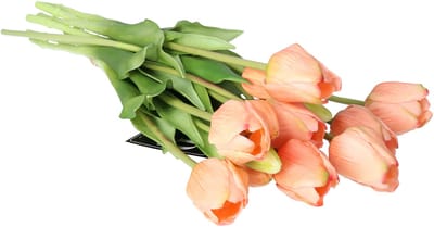 Bellatio Design Kunst tulpen boeket Sally - 7x stuks - zalm kleur - real touch - 47 cm
