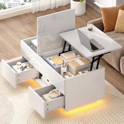 Salontafel - 100x45x43 cm - Liftfunctie Met 2 Lades En LED - Verborgen Opbergruimte - Spaanplaat - Wit
