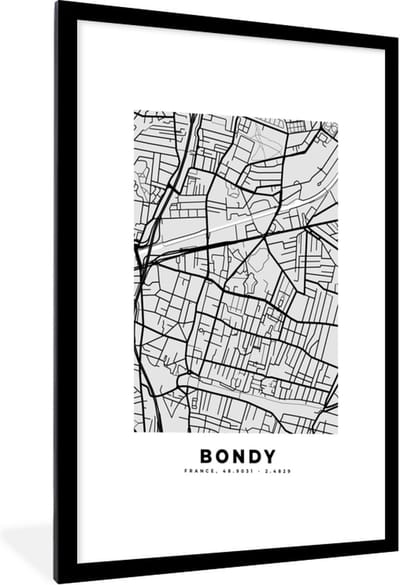 Fotolijst incl. Poster - Plattegrond - Bondy - Stadskaart - Kaart - Frankrijk - 60x90 cm - Posterlijst