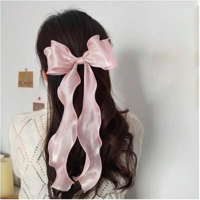 Lange Chiffon Zijde Haarstrik Clip – Vintage Roze Haaraccessoire voor Dames en Meisjes