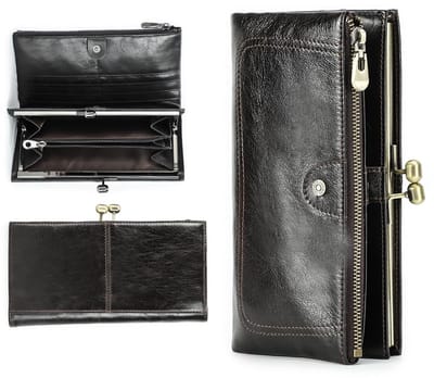 Dailygoods - Contacts Womens Kiss Lock Portemonnee Lederen Telefoon Clutch Telefoon Driebladige Portemonnee Frame Coin Pocket Vintage Kaarthouder Foto Venster, Koffie, Standard size, Retro