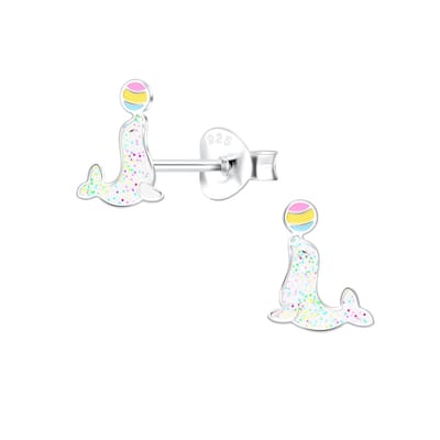 Zilveren zeehond bal glitter kinderoorbellen | zeehond oorknopjes Meisje Zilver | Zilverana | Sterling 925 Silver