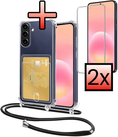 Hoes Geschikt voor Samsung Galaxy A57 Hoesje Pasjeshouder Cover Met Koord Shock Proof Case Siliconen Hoes Met Telefoonkoord en Kaarthouder Met 2x Screenprotector - Transparant