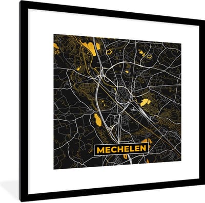 Fotolijst incl. Poster - Stadskaart - Mechelen - Goud - Kaart - Plattegrond - 40x40 cm - Posterlijst