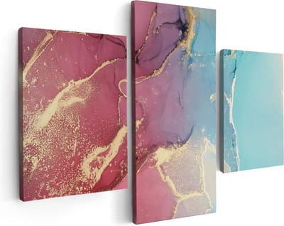 Artaza Canvas Schilderij Drieluik Abstracte Kunst van Marmer - Roze met Blauw - 90x60 - Foto Op Canvas - Canvas Print