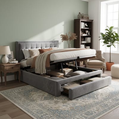 Luxe Tweepersoons Polsterbed 140x200 cm - Fluweel Grijs - Met Hydraulische Opbergruimte & Laden - Verstelbaar Hoofdbord - Modern Design