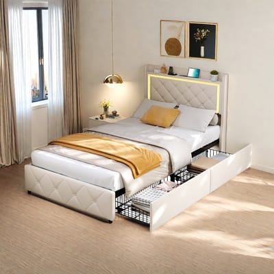 Beige Fluwelen Eenpersoons Opbergbed 90×200 – Met LED, USB & Type-C, Hoofdbord met Opbergruimte