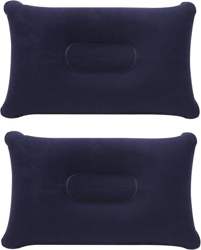 Opblaasbaar Reiskussen - 2 Stuks - Blauw - Compact & Ultralicht - Fluweelzachte Velours Textuur - Kampeerkussen met Anti-Slip - 38 x 24 cm