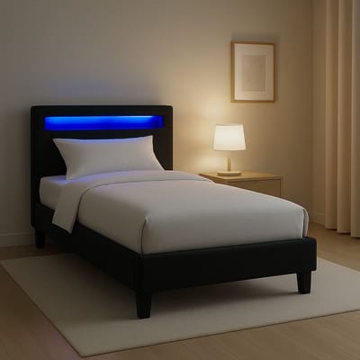 Gestoffeerd bed HIMALAYA 90x200 cm, LED-verlichting, zwarte stof