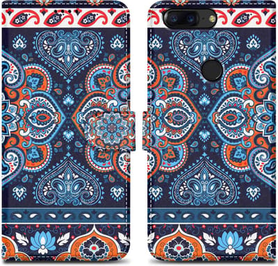 Cadorabo Hoesje geschikt voor OnePlus 5T - Design Blauwe Mandala No. 1 - Beschermhoes Case Cover met magnetische sluiting, standaardfunctie en kaartvakje