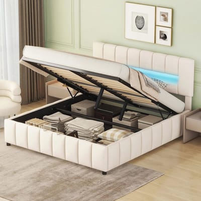 Modern tweepersoonsbed met ledverlichting en opbergruimte